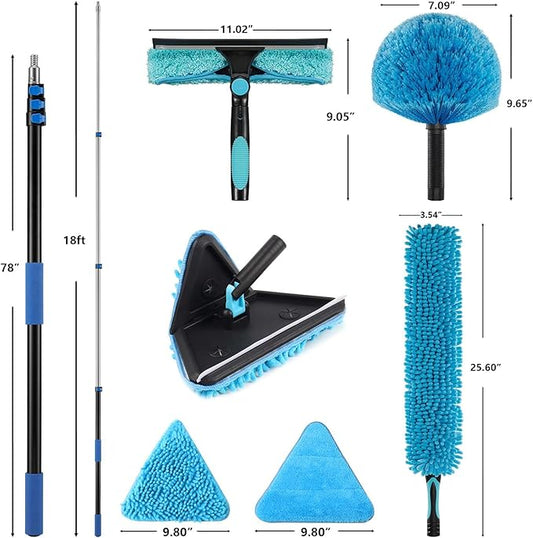 25 Foot High Ceilings Baseboard Wall Cleaner Mop with 18 Ft Extension Pole, Cobweb Duster, Window Cleaning Squeegee Kit (18ft)
