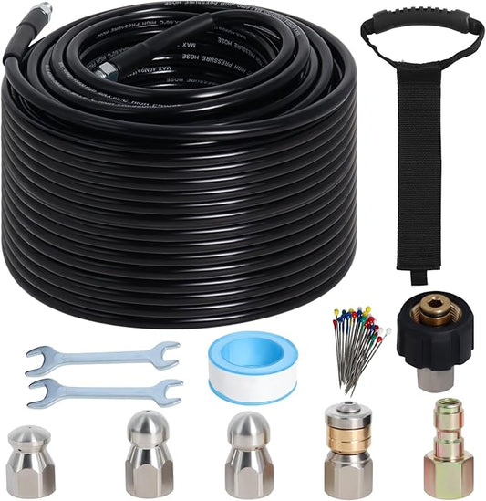 150FT Sewer Jetter Kit for Pressure Washer, 5800PSI Drain Cleaner Hose 1/4 Inch NPT Corner with 4 Sewer Jetting Nozzles，Waterproof Tape，Pearl Corsage Pin，Handle Strap & 2 Spanners (Black)