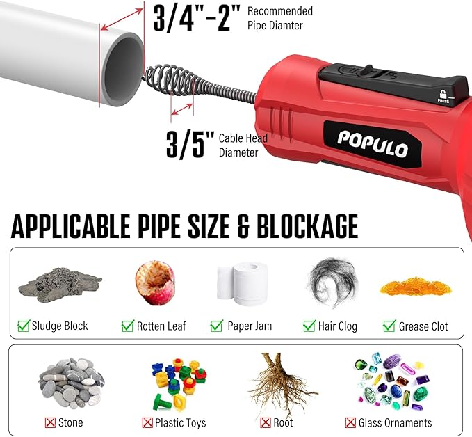 POPULO Auto-Feed 17FT Drain Snake Auger, Plumbing Snake Drain Auger with Drill Adapter, Sink Snake Drain Hair Remover for Kitchen, Bathroom and Shower Sink, PMDA-5