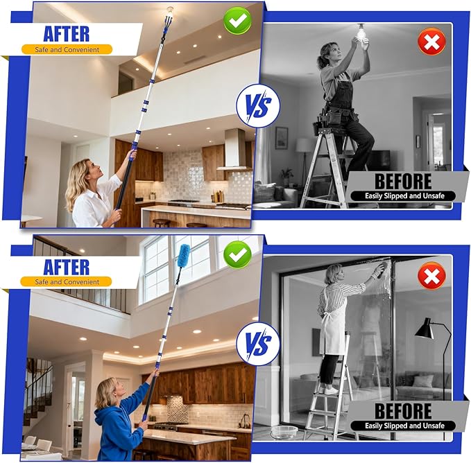 30FT Light Bulb Changer for High Ceilings with 5-24FT Heavy Duty Extension Pole,High Ceiling Ceiling Fan Cleaner Duster Kit for Home & House High Window, Interior Roof Window Cleaning Blue