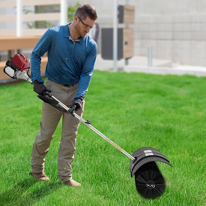 4 Stroke Lawn Yard Sweeper, 1000W 31CC Gas Power Sweeper Outdoor Handheld Power Broom High Performance Cleaner Handheld Sweepers for Cleaning Driveways Turf Lawns Artificial Grass