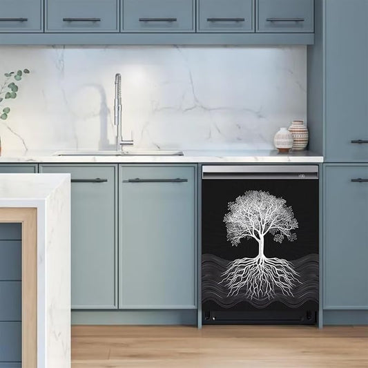 Tree of Life Dishwasher Magnet Cover, Retro Black Dishwasher Panel Decal Kitchen Refrigerator Magnets Decor Dishwasher Stickers for Farmhouse 23" x 26"