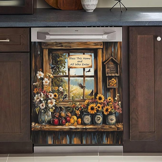 Windowsill Birds and Flowers Dishwasher Magnet Cover, Springtime Reuseable Refrigerator Magnet Cover Retro Wooden Windows Magnetic Dishwasher Decal (23 x 26 Inches)