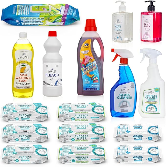 Luxury Cleaning, Supplies Kit, All In One Household Cleaning Essentials Set with Surface-Floor-Hand Cleaners, Laundry Detergent, Dish Soap, Nice Gift for New Homeowners