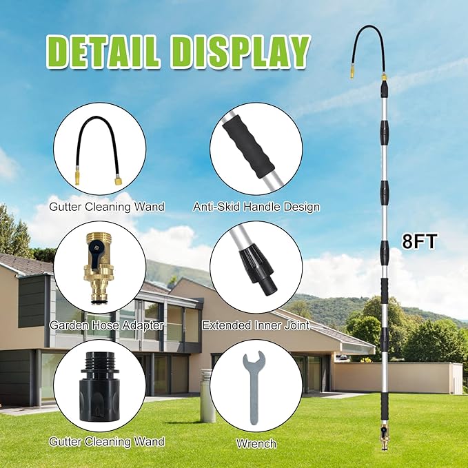 Gutter Cleaning Tools from The Ground-Gutter Cleaner with Max 7FT Extension Wand,Gutter Cleaning Wand with Quick Connection Five Extension Gutter Cleaning Poles for Garden Hose