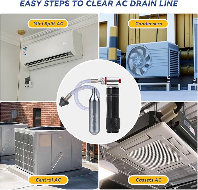 Upgraded Drain Device, AC Drain Line Cleaner Device, AC Drains Line Unclogger Tool, with 6 Unthreaded CO2 Cartridges, with a Flexible Hose to Clear All HVAC Clogs,16 Gram Unthreaded CO2