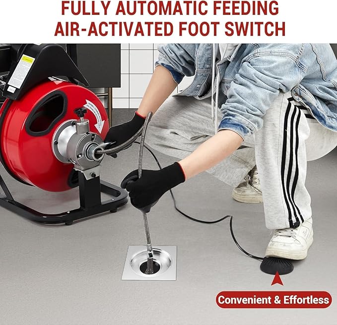 100 FT x 1/2 Drain Cleaner Machine with 370W Motor,Auto Feed Portable Sewer Snake Auger,8 Cutters,Air-activated Foot Switch for 1" to 4" Pipes
