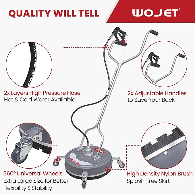 WOJET 18” Pressure Washer Surface Cleaner with 4 Wheels & Dual Handles, 4500PSI Surface Cleaner Attachment for Pressure Washer for Concrete Driveway Sidewalk Deck Patio Cleaning, 3/8'' Quick Connect