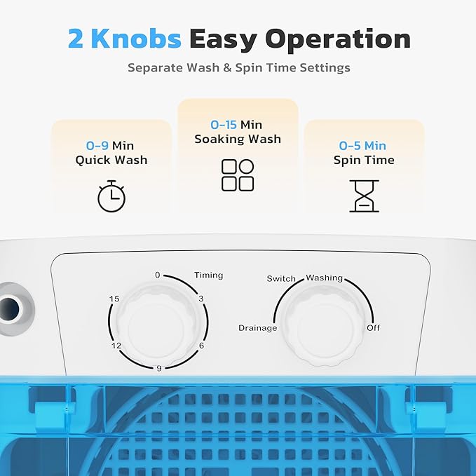 INTERGREAT Portable Washing Machine, 5.5 Lbs Compact Mini Portable Washer, 110V Single Tub Laundry Washer Machine for Apartments, Dorms, Traveling, RV, Blue