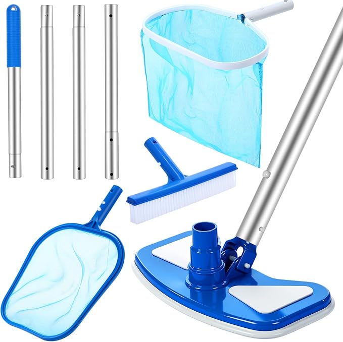 Tioncy 5 Pcs Pool Vacuum Cleaning Kit Includes Round Corner Pool Vacuum, 2 Skimmer Nets with 47" Adjustable Pole and 1 Brush for Above Ground Ponds Hot Tub Spa Wall Floor Cleaning Maintenance