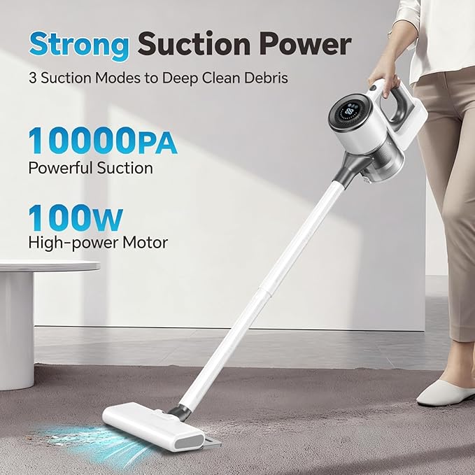 Cordless Vacuum Cleaner for Home, Powerful Stick Vacuum Cleaner with LED Screen and 3-Speed Suction, Rechargeable Vacuum Cordless, Lightweight Handheld Vacuum for Hard Floors Carpets Pet Hair, White