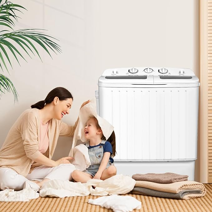LDAILY Portable Washing Machine, 20lbs Compact Twin Tub Washer and Spinner with Drain Pump and Deep Cleaning, Mini Laundry Washing Spinning Combo for Apartment, RV, Dorm, Camping (White & Grey)