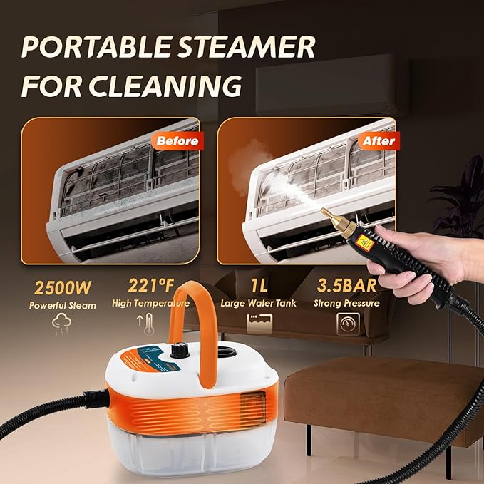 2500W Handheld Steam Cleaner, Pressurized Steam Cleaning Machine with 3 Brush Heads, 20s Heat Up, 1L Tank, Multipurpose Mini Portable Steamer for Tile, Grout, Furniture, Kitchen, Car, Home
