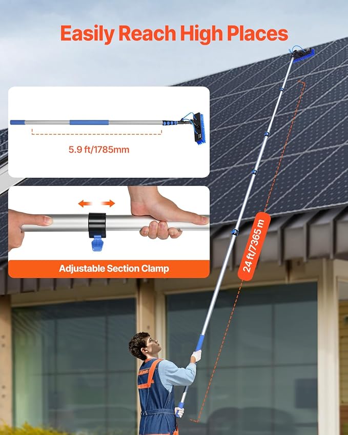 VEVOR Water Fed Pole Kit, 24FT Solar Panel Cleaning Pole with Extendable Handle, 180° Rotatable Brush Head & 65.6FT Hose, Household & Outdoor Window Cleaner Tool for Caravan Solar Panel Deck