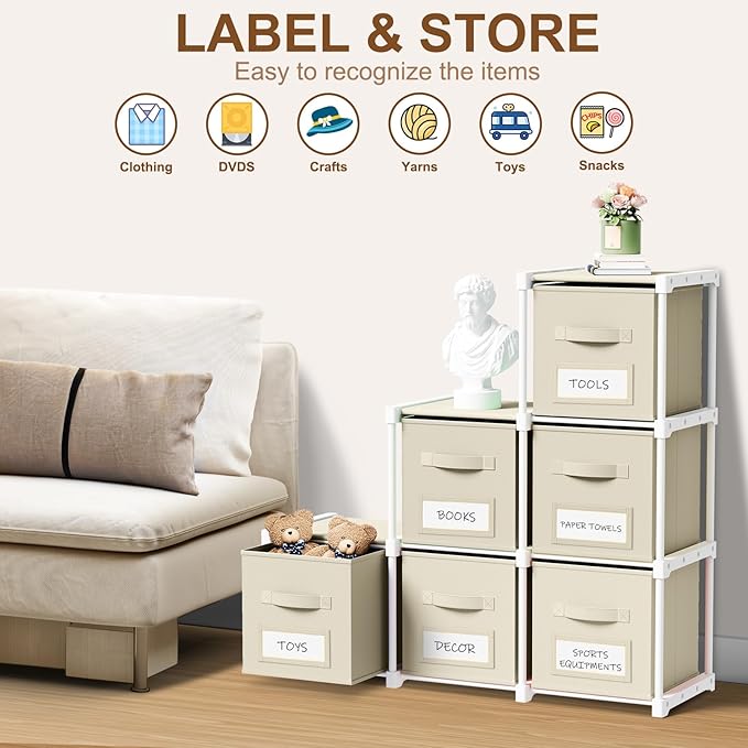 Geelin 6 Sets Cube Storage Organizer Bins with Shelf & Labels 11 Inch, Fabric Collapsible Cubby Toys Clothes Storage Drawer Unit for Daycare Nursery Playroom Bedroom Dorm Organizer (Khaki)