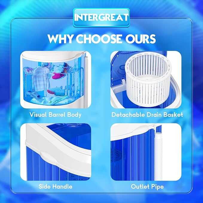 INTERGREAT Portable Washing Machine, 6.6 Lbs Compact Mini Portable Washer, Single Tub Semi-Automatic Laundry Washer Machine for Apartments, Dorms, RV, Traveling, Blue