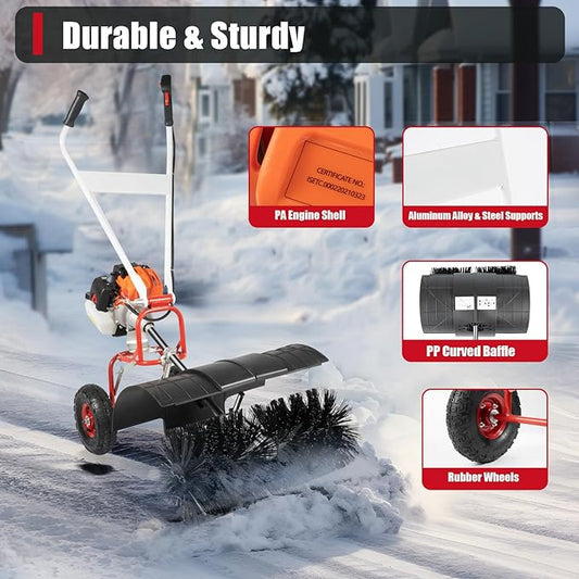 52CC Walk Behind Power Sweeper Broom, 2 Stroke 2.5HP Snow Sweeper with 20-Inch Brush, Single Cylinder Air Cooling Fuel Engine Snowplow Broom, Outdoor Lawn Sweeper Cleaner Tools