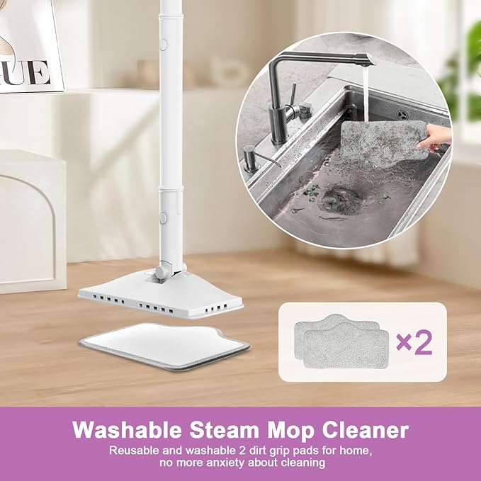 7-in-1 Steam Mop, 1200W Rotated Steam Cleaner for Home, 2 Modes, 400ML Removable Tank, 23FT Cord, 2 Washable Pads, Multi-Surface Steamer for Hard Floor, Laminate Floor, Tiles Cleaning（Onion White）