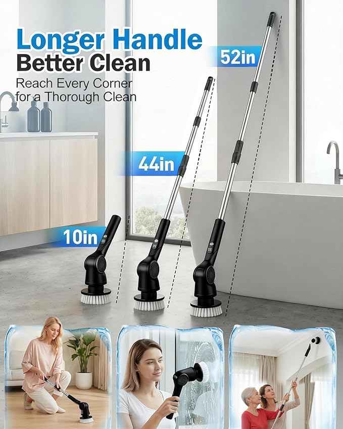 Electric Spin Scrubber, 3-Speed Cordless Shower Scrubber with Long Handle & 10 Replaceable Brush Heads, 90 Mins Runtime & Full-Body IPX7 Waterproof Shower Cleaner Brush for Bathroom Kithchen