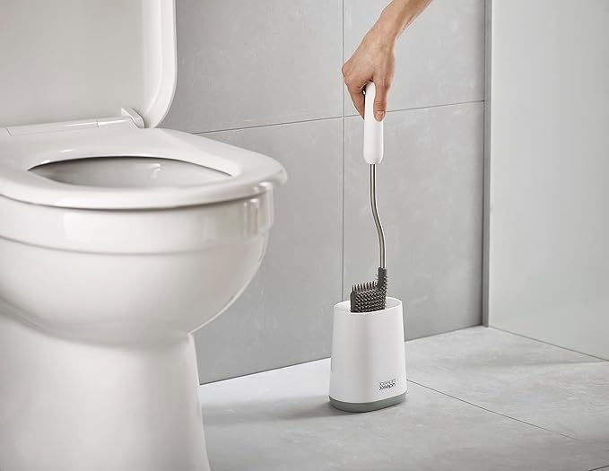 Joseph Joseph Flex Lite Silicone Toilet Brush with Slimline Holder Set, Flexible Head, drip, Anti-Clog deep Clean, 1 EA, Grey/White