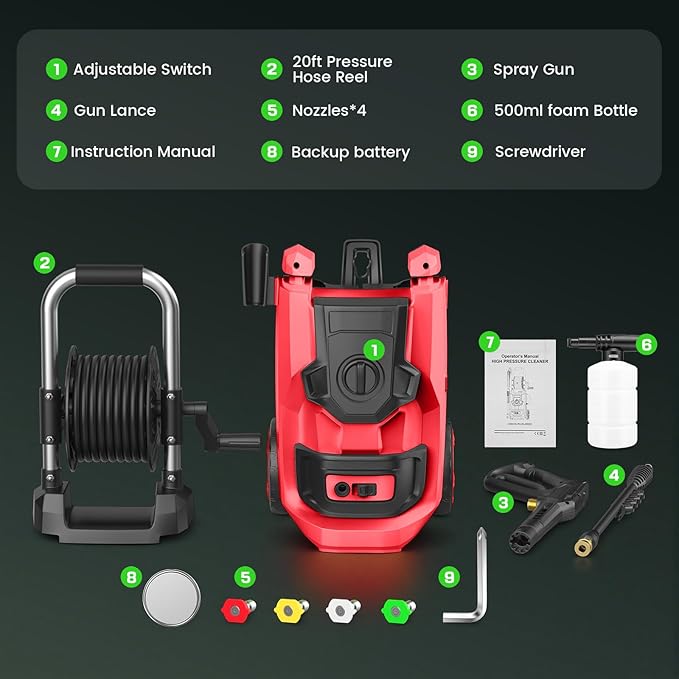𝟐𝟎𝟐𝟔𝐧𝐞𝐰 Adjustable Press*ure Cle*aner, 4 Nozzles, Foam Cannon for Cars, Patios, Driveways, Red