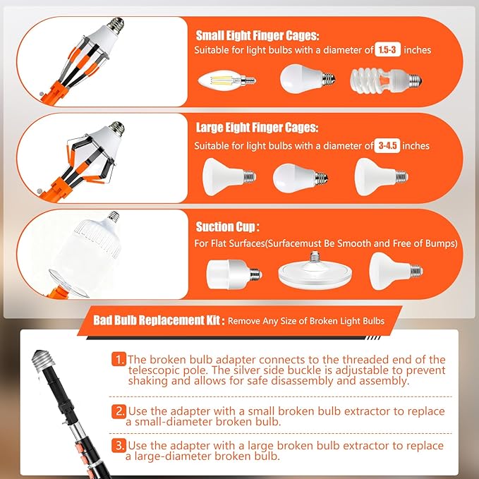 30FT Light Bulb Changer for High Ceilings with 5-24FT Heavy Duty Extension Pole,High Ceiling Ceiling Fan Cleaner Duster Kit for Home & House High Window, Interior Roof Window Cleaning Orange