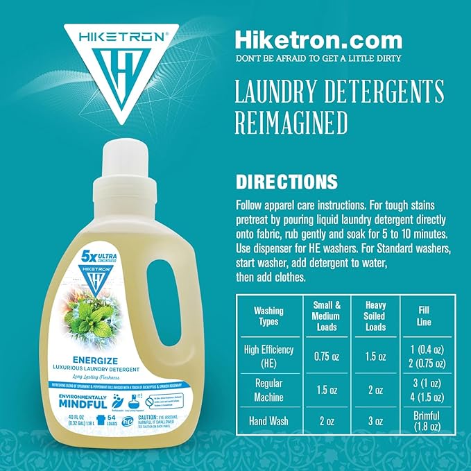 Hiketron Energize Liquid Laundry Detergent, 5x Ultra Concentrated, Tough Stains, Long Lasting Scent (40 Fl Oz, Pack of 1)