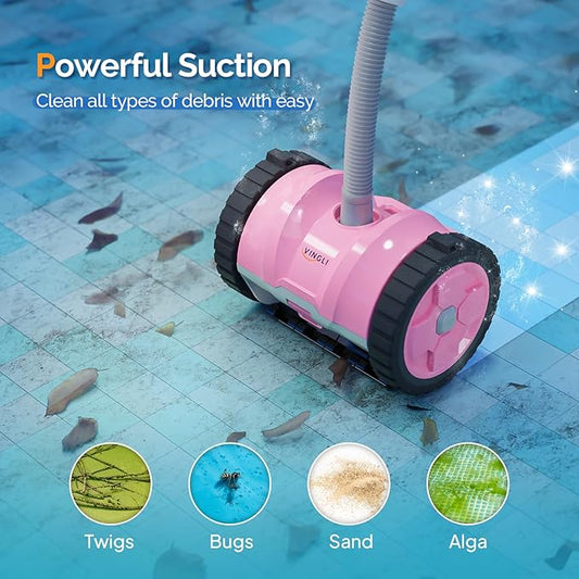 (2025 Upgrade) VINGLI Pool Vacuum Cleaner, Suction Side Wall-Climbing Sweeper for Ground&Inground Pools, Automatic Pool Vacuum with 39.6ft Tangle-Free Hose (Comfort Pink&Gray)