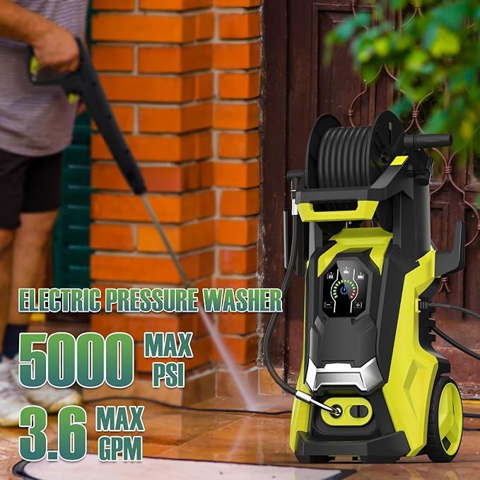 Pressure Washer Power Washer with Touch Screen, 5000PSIIMAX, 4 Quick Connect Nozzles and Foam Cannon, High Pressure Cleaning Machine for Cars Driveways Home Outdoor, Lemon Yellow