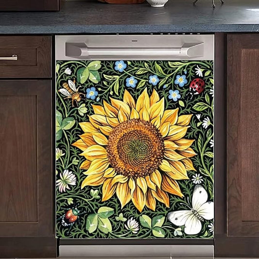 Sunflower Dishwasher Decorative Cover, Home Kitchen Dishwasher Decal Floral Refrigerator Cover Decals, Ordinary 23"x26"INCH