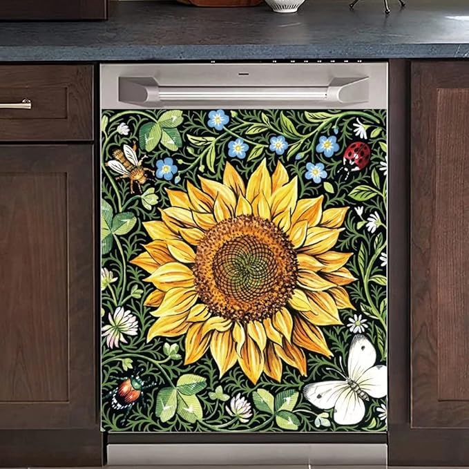 Sunflower Dishwasher Magnets Decorative Cover, Home Kitchen Dishwasher Decal Floral Refrigerator Magnet Cover Decals, Magnetic 23"x26"INCH