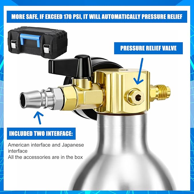 AC Flush Kit Air Conditioner System Flush Canister Kit AC Drain Line Cleaner Tool Conditioning Pipeline Set with Gauge, Air Fittings and Hose for Car Conditioner Pipe(Blue,Classic)