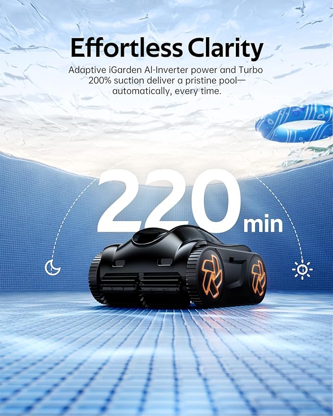 (2025 Upgrade) iGarden Pool Cleaner K36, Cordless Pool Vacuum Robot for Inground & Above Ground Pools, Smart Navigation, 220 Min Runtime, Touchscreen, Self-Parking, Cleans Floor, Wall & Waterline