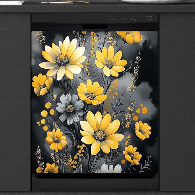 Painting Yellow Grey Flowers Dishwasher Magnet Cover Decorative Refrigerator Covers Magnetic Reusable Dishwasher Door Cover Kitchen Appliance Sticker Cover 23x26Inch