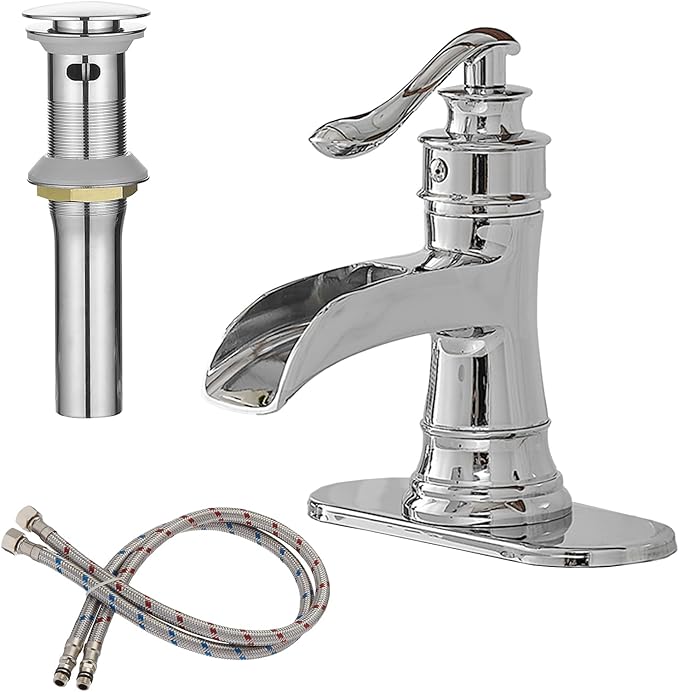 BWE Chrome Bathroom Faucet Waterfall Sink Vanity Single Hole Faucets Restroom Bath One Handle Basin centerset with Pop Up Drain Stopper Mixer Tap Overflow Supply Line