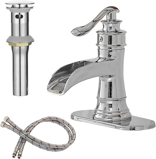 BWE Chrome Bathroom Faucet Waterfall Sink Vanity Single Hole Faucets Restroom Bath One Handle Basin centerset with Pop Up Drain Stopper Mixer Tap Overflow Supply Line