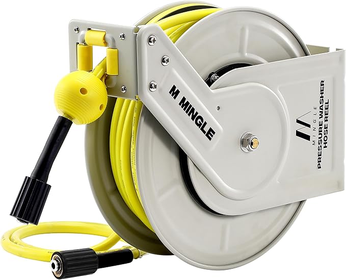 M MINGLE Retractable Pressure Washer Hose Reel, 1/4" × 60ft Heavy Duty Professional Hose Reel, Auto Rewind Power Washer Hose Reel, Wall/Floor Mounted, 3600 PSI