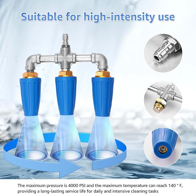 3 in 1 Pressure Washer Nozzle 360° Rotating 4000 PSI with 1/4" Quick Connector Pressure Washer Tip Turbine Nozzle Time Saving Triple for Cleaning Driveways Walls Decks