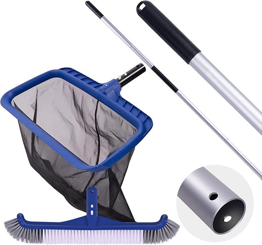 POOLAZA Pool Cleaning Kit, Including Pool Brush & Ultra Fine Mesh Pool Skimmer Net with Pole, Pool Net Skimmer & 17.5'' Pool Brush Head with 10.5ft Aluminum Pool Pole, Pool Net and Brush with Pole