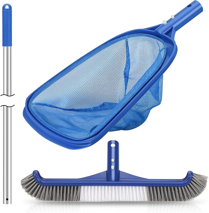 Pool Cleaning Kit, 16'' Pool Brush Head & Pool Skimmer Net with 60" Pole, Pool Net Skimmer & Pool Brush with Pole, Pool Net & Pool Brushes for Cleaning Pool Walls with Pole
