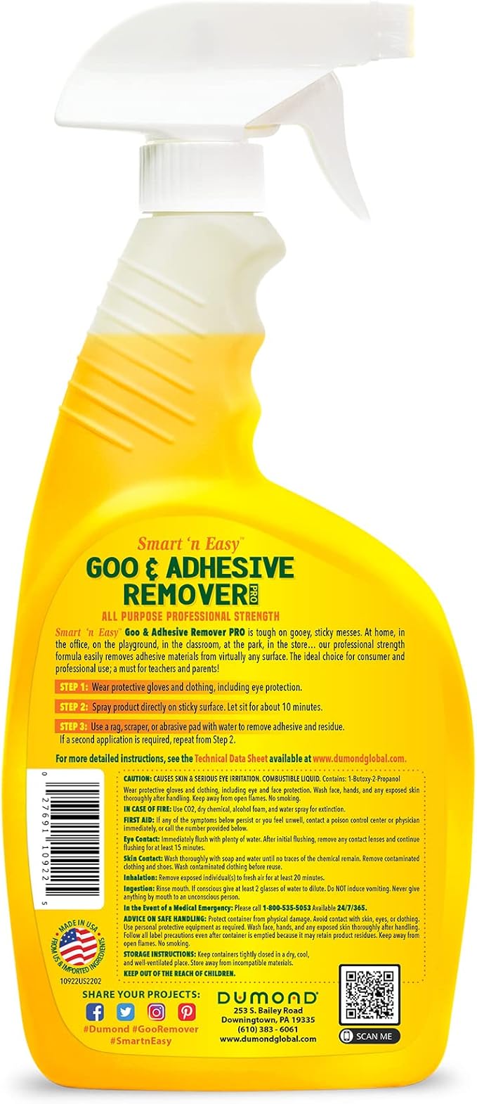 Dumond Smart 'n Easy Goo & Adhesive Remover, Surface Safe, Removes Stickers, Labels, Decals, Tape, Sticky Residue, Chewing Gum, Glue, Grease, Tar, Lemon Citrus Scent, 22oz Spray