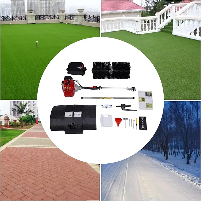 Handheld Sweeper, 2-Stroke Gas Power Sweeping Broom Single Cylinder Driveway Turf Artificial Grass Snow Clean Sweeper Cleaner Tools Suitable for Walkway Cleaning Boulevards and Driveway(52cc)