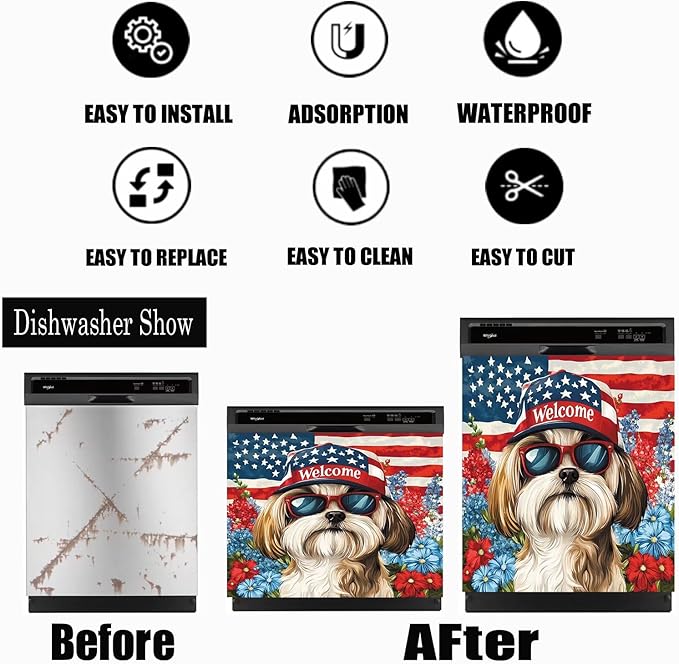 American Flag Pet Dogs Magnetic Sticker Dishwasher Cover Kitchen Decor, 23x17inch Floral Dishwasher Magnet Cover, Patriotic Dishwasher Decal, Refrigerator Panel,Magnetic Dishwasher Sticker