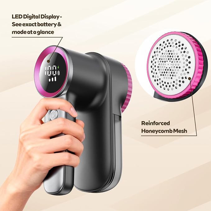 Rechargeable Fabric Shaver & Lint Remover, Electric Sweater Defuzzer with 3 Speeds, 6 Leaf Blades, LED Display & Type-C Fast Charging, Lint Shaver for Clothes, Furniture, Sweater, Couch - Image 5