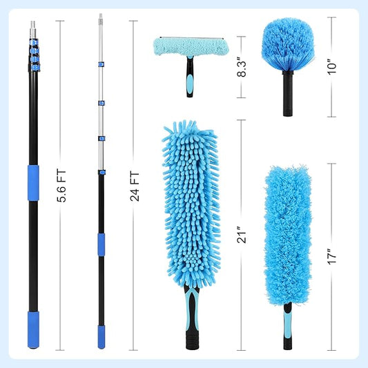 FAHKNS 30 Foot High Ceiling Fan Duster, Heavy Duty High Reach Duster Kit for Cleaning, Spider Web Brush, Washable Dust Brush for High Roof and Glass Surfaces (with 5-24ft Extension Pole)
