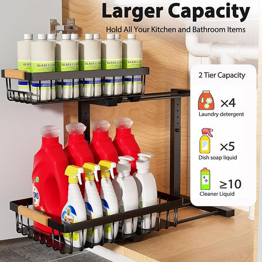 Under Sink Organizer 2 Pack, 2 Tier Slide Out Large Capacity Height Adjustable Under Sink Organizers and Storage for Kitchen Bathroom Cabinet, Black