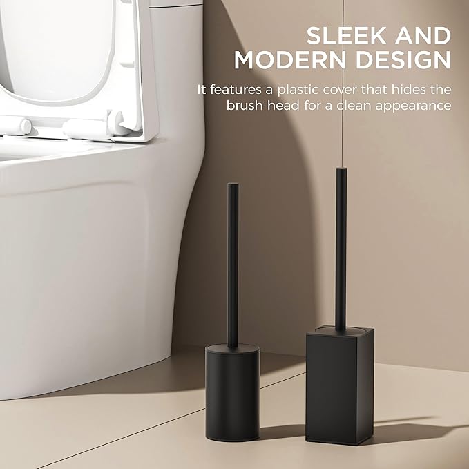 FORIOUS Toilet Brush and Holder Set, 304 Stainless Steel Heavy Duty Base and Handle for Bathroom Deep Cleaning, Toilet Bowl Cleaners Brush with Holder, Space Saving for Storage (1, Matte Black)