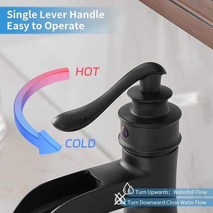 BWE Matte Black Bathroom Faucet, Waterfall Bathroom Faucet Sink Lavatory Single Hole Faucets One Handle Bath Antique with Brass Pop Up Drain Stopper Mixer Tap Overflow Water Supply Line