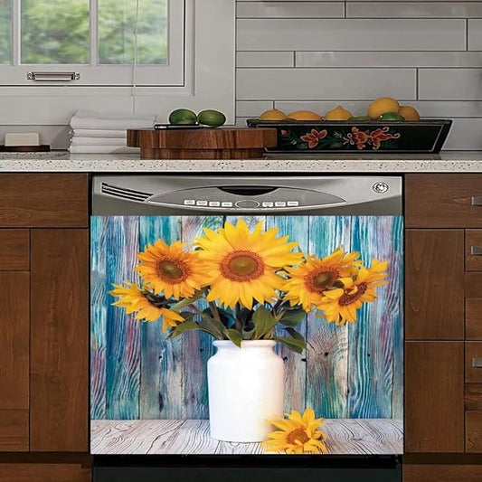 Colorful Wooden Background Kitchen Magnetic Dishwasher Front Door Cover Decor, Vase Sunflower Fridge Panels Decals Vinyl Magnet Cover, Magnetic 23"x17"INCH
