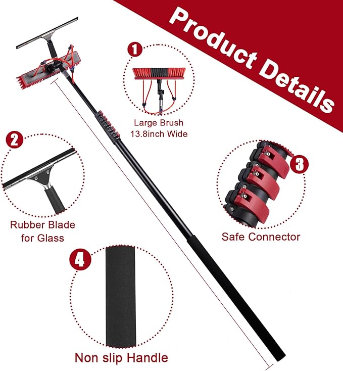 24ft Long Reach Solar Panel Cleaning Brush Kit,Telescopic Water Fed Pole & Squeegee, 2 Dusting Brushes for Window Outdoor Roof Cleaner Kit
